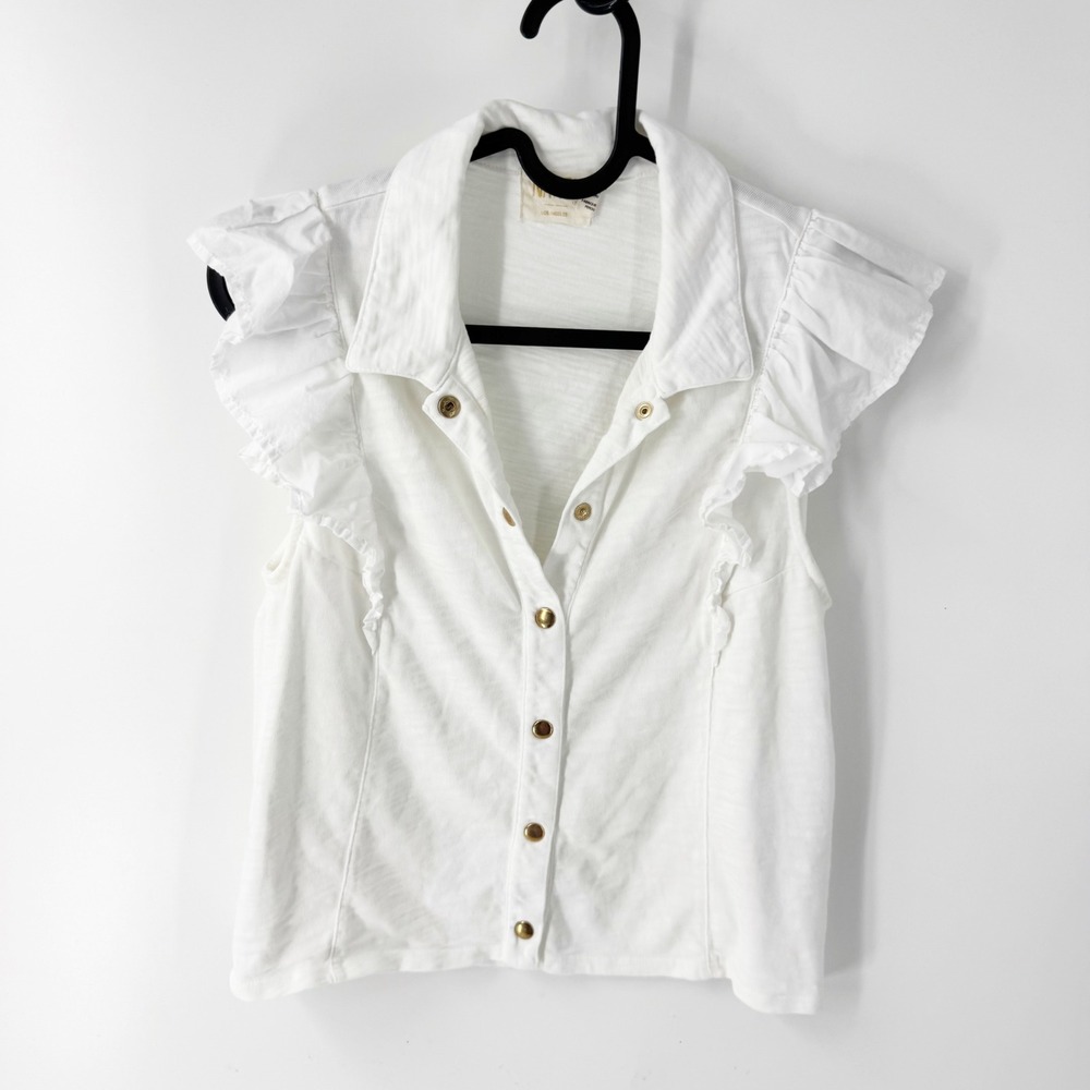 Nation LTD White Cotton Ruffle Snap Front Sleeveless Top 3141JJR XS
